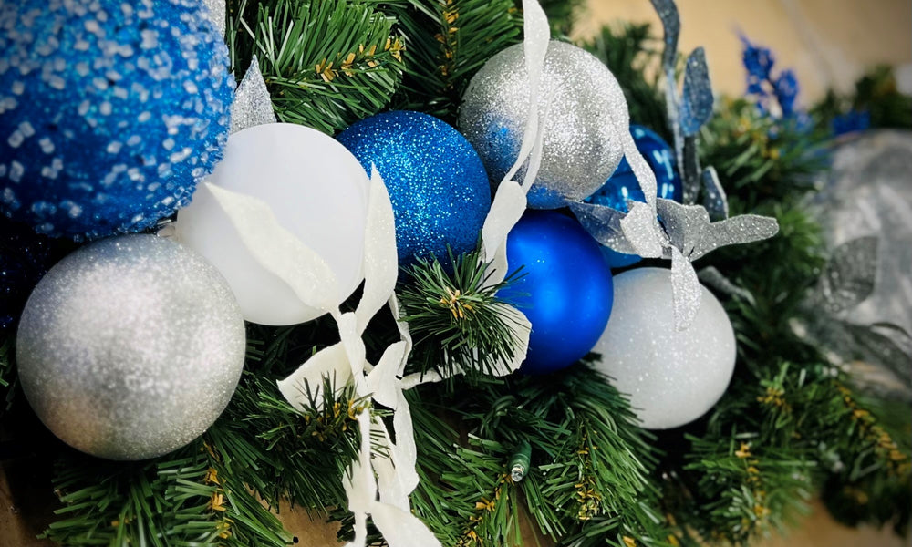Blue, White and Silver ornaments and picks on Christmas Garland - Winter Whimsy