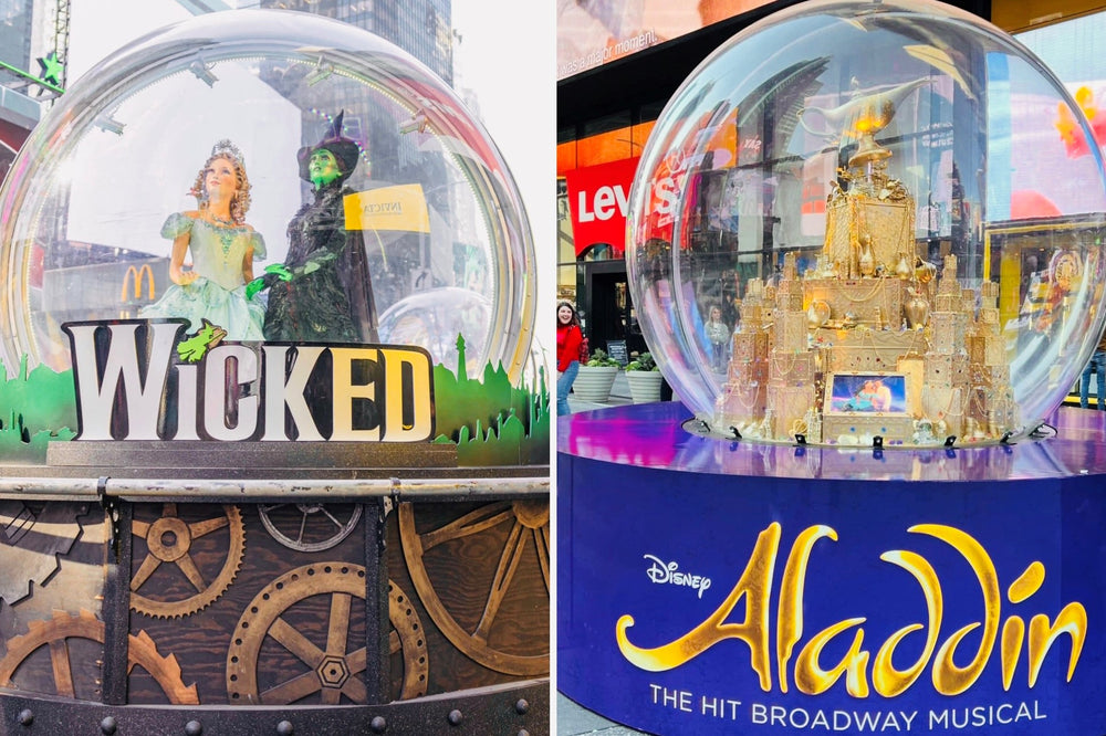 Broadway Show Globes are an annual display of oversized snow globes in Times Square depicting current hit Broadway shows.