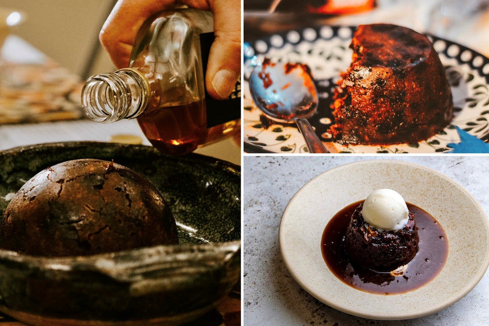 Christmas Pudding / Figgy Pudding Holiday Tradition prepared with icing, traditional and with brandy
