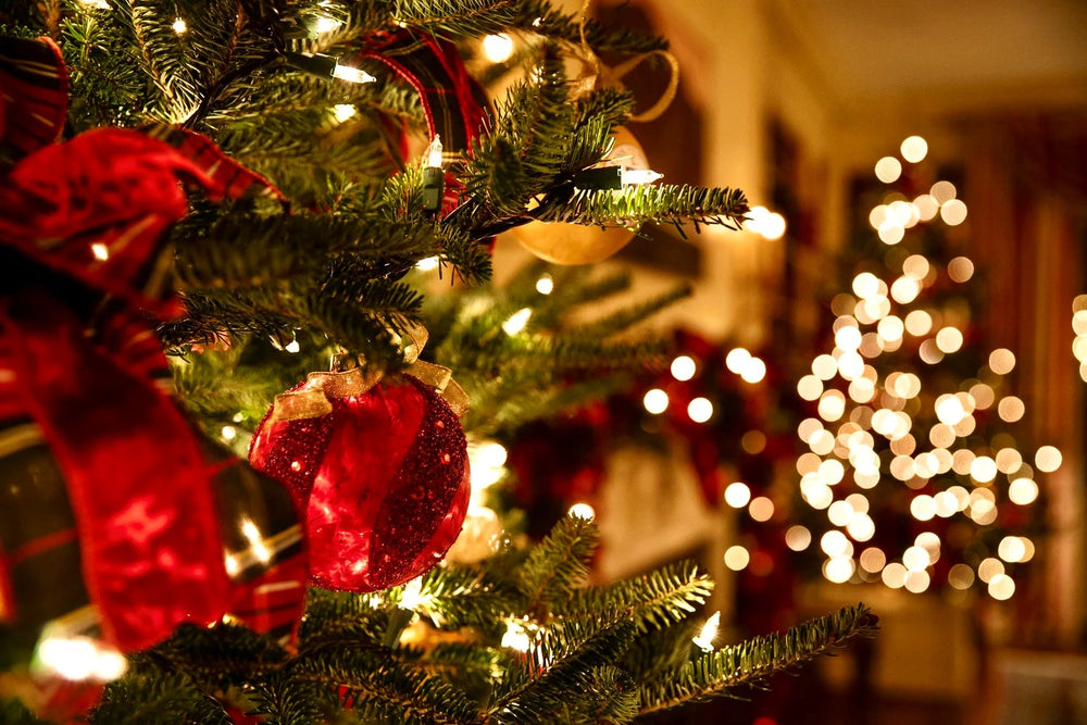 Christmas Tree Traditional Decor with Lights in Background