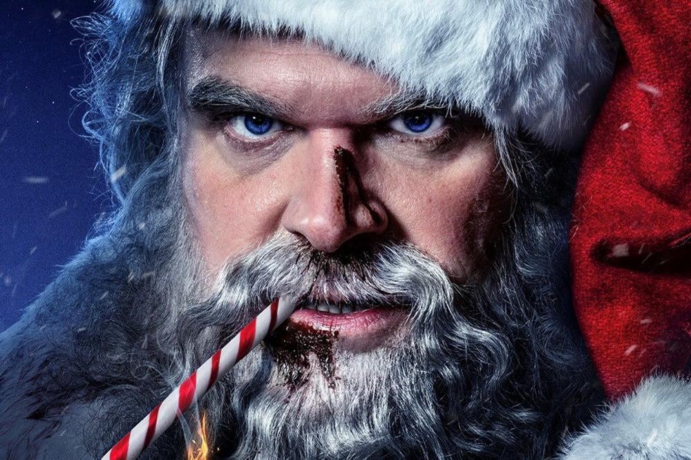 Close-Up of David Harbour as a crazy Santa Claus in the upcoming Christmas movie Violent Night.