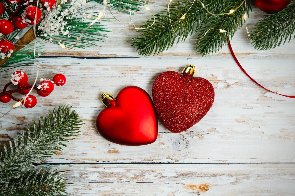 Christmas table Display with Red Heart-Shaped Ornaments for Valentine’s Day