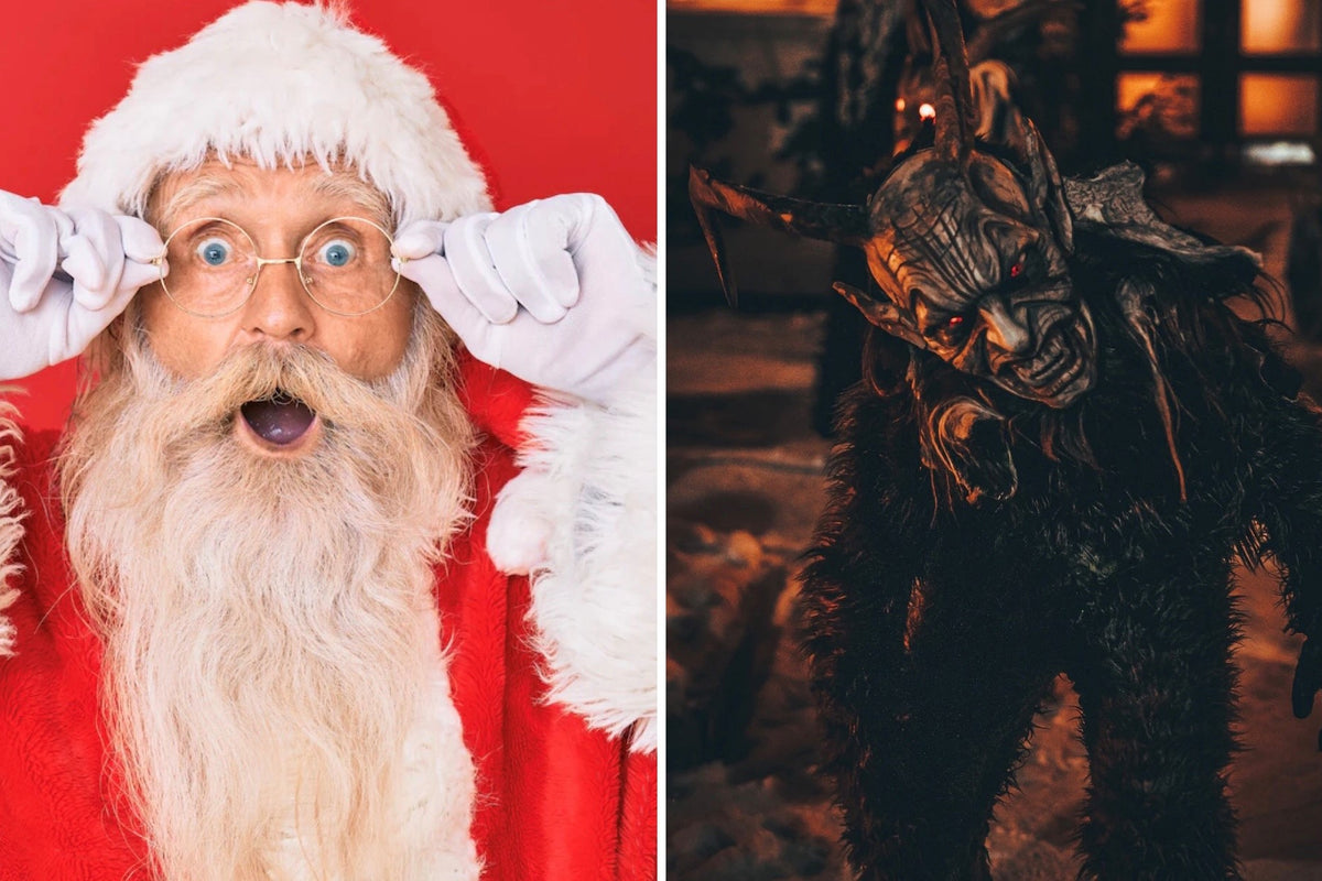 Santa shocked at the appearance of Krampus on Krampusnacht.