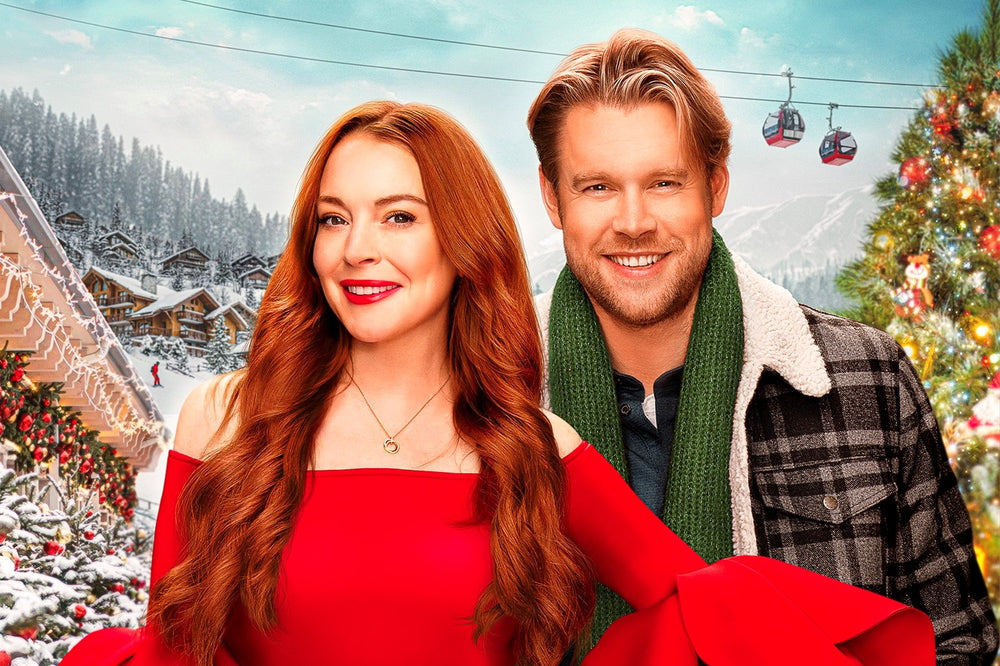 Poster featuring Lindsay Lohan and Chord Overstreet in holiday rom-com Falling For Christmas streaming on Netflix
