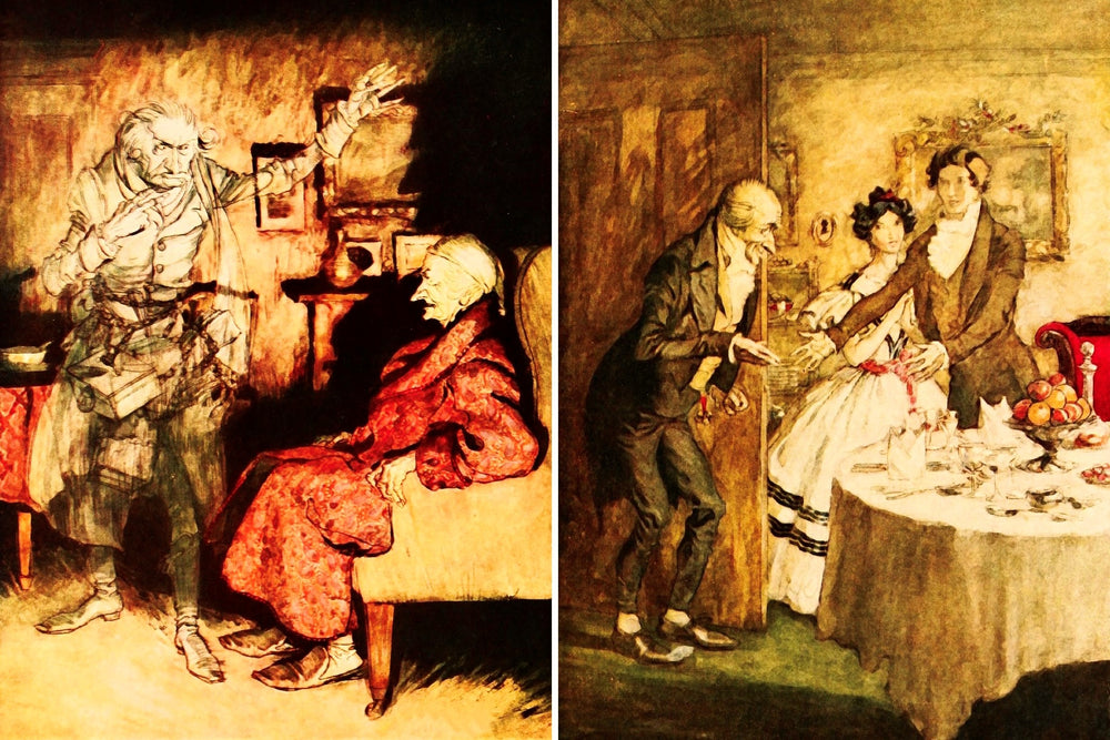 Vintage drawings depicting Scrooge in A Christmas Carol by Charles Dickens