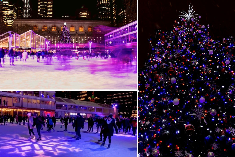 Bryant Park Winter Village with Free Ice Skating and a giant oversized commercial Christmas Tree in New York City