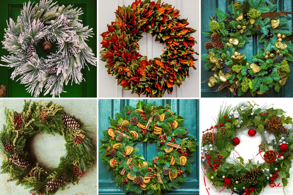 A variety of Christmas Wreaths in a collage to showcase different decorating styles for the holiday season