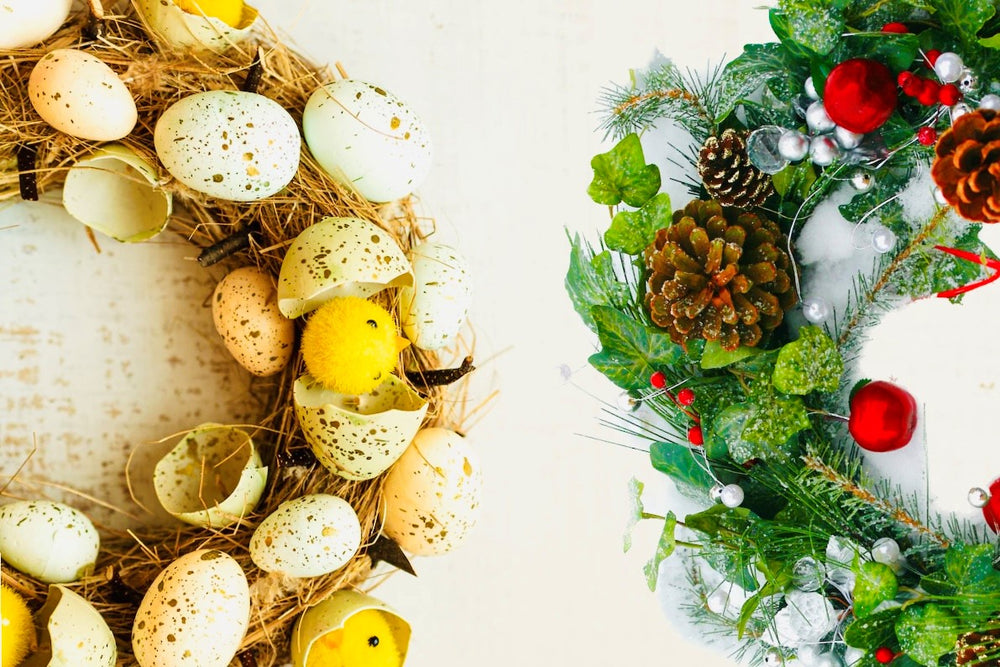 Side by side image of an easter Wreath with eggs and chicks and a Christmas Wreath with pinecones and christmas ornaments