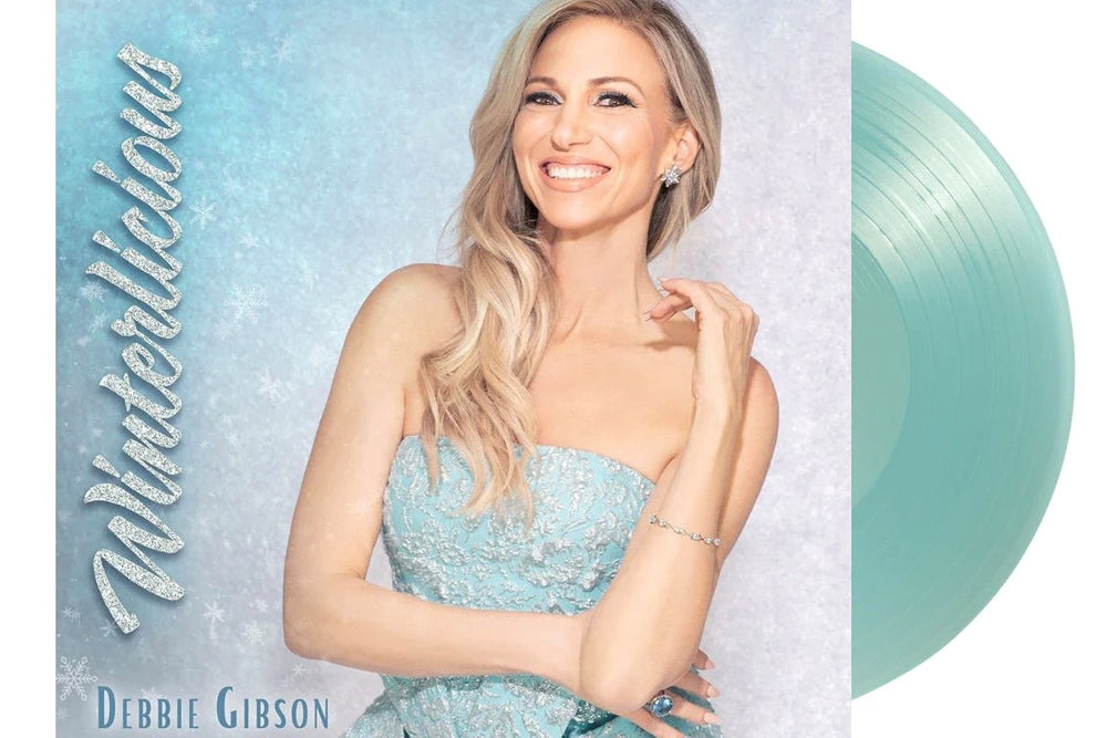 Album cover Art for Winterlicious - a holiday album full of Christmas music by Debbie Gibson, with a teal vinyl album sliding out 