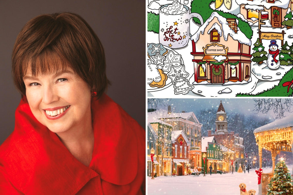 Author Debbie Macomber with Painting of a small town square covered in snow from the cover art of Debbie Macomber's Christmas novel The Christmas Spirit and coloring book cover Holly Jolly Christmas