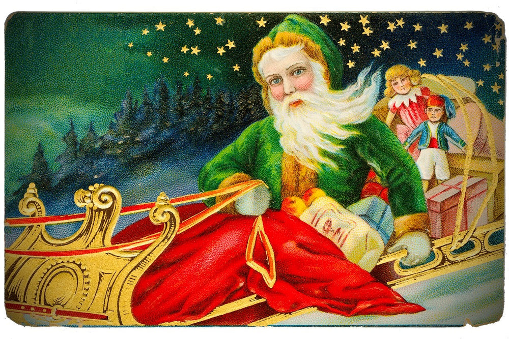 Vintage Painting of Santa Claus aka Father Christmas in a green suit in a sleigh full of retro toys