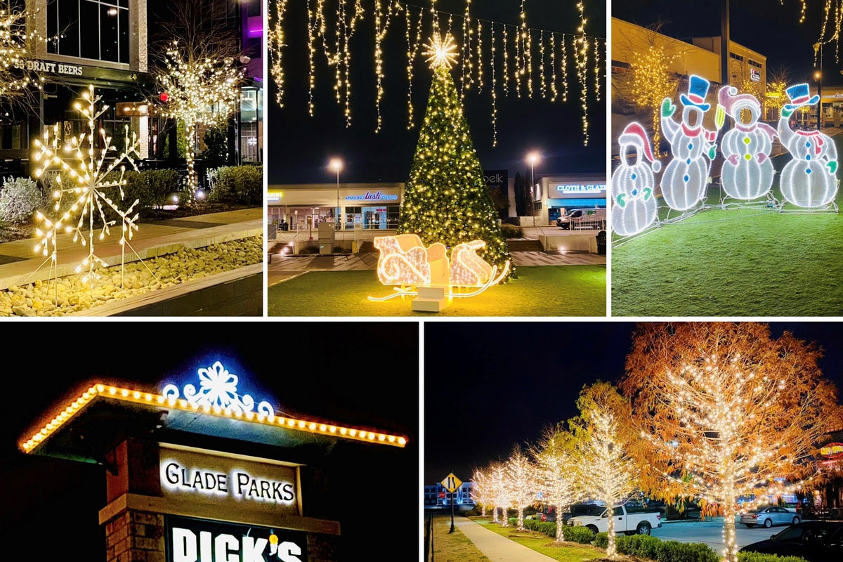Glade Parks Shopping Center in Texas features an oversized commercial Christmas Tree with a LED Santa Sleigh in front, giant snowflakes throughout the property, a snowman family photo opp and more holiday lights
