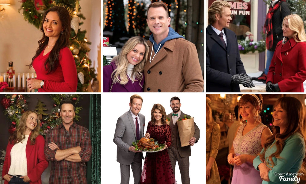 Several publicity images from the Great American Family announcement for their 2023 Great American Christmas Schedule