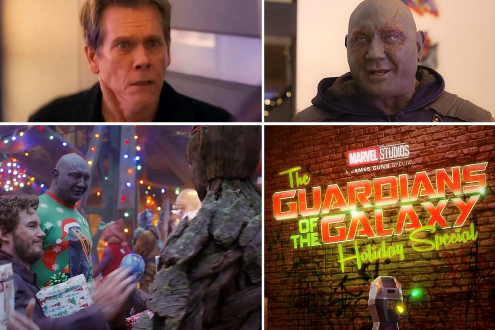 Kevin Bacon and Drax appearing in the Guardians of the Galaxy Holiday Special streaming on Disney Plus