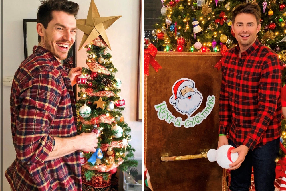 Jonathan Bennett and George Krissa pose with Christmas Decorations before starring in LGBTQ Hallmark Christmas Movie, The Holiday Sitter