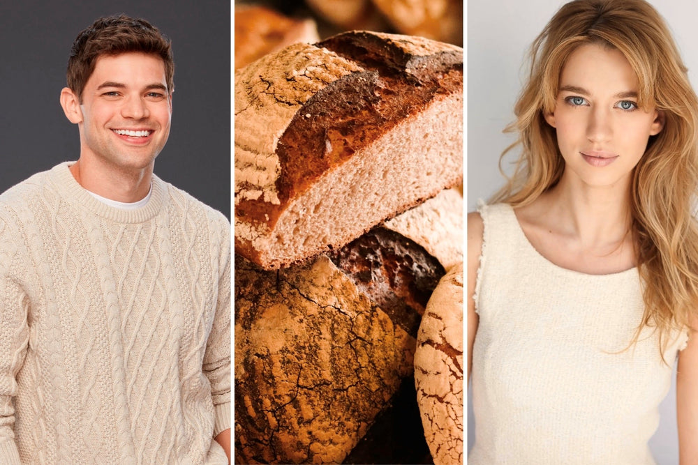 Headshots of Jeremy Jordan and Yael Grobglas, as well as some Rye Bread from a Jewish Deli to represent the Hallmark Holiday Movie, Hanukkah on Rye 