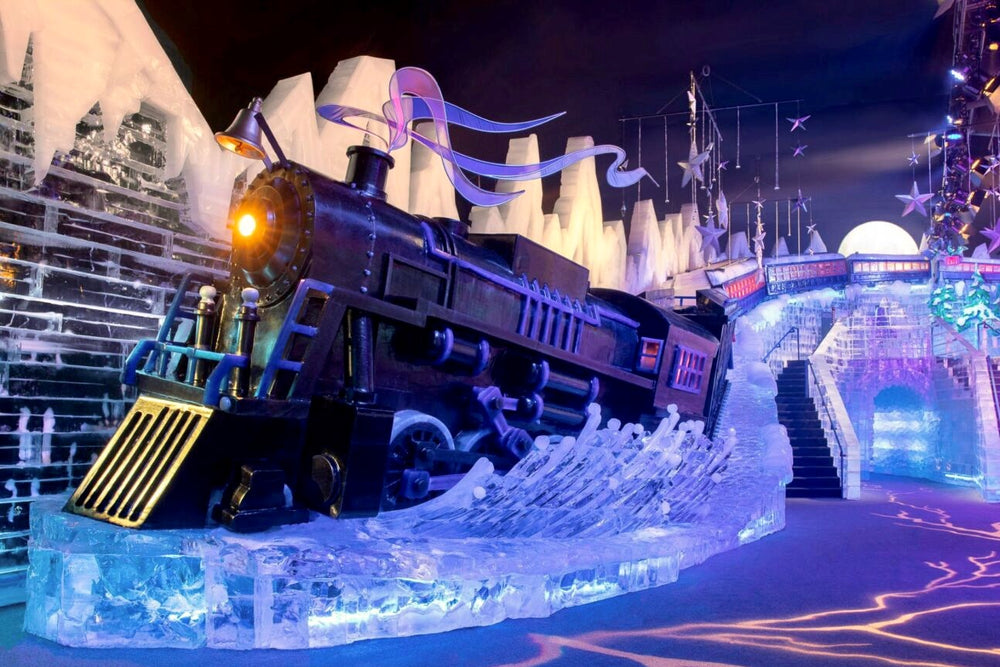 Polar Express Train surrounded by Ice for holiday activity at Gaylord Texan resort in Grapevine, Texas for Christmas