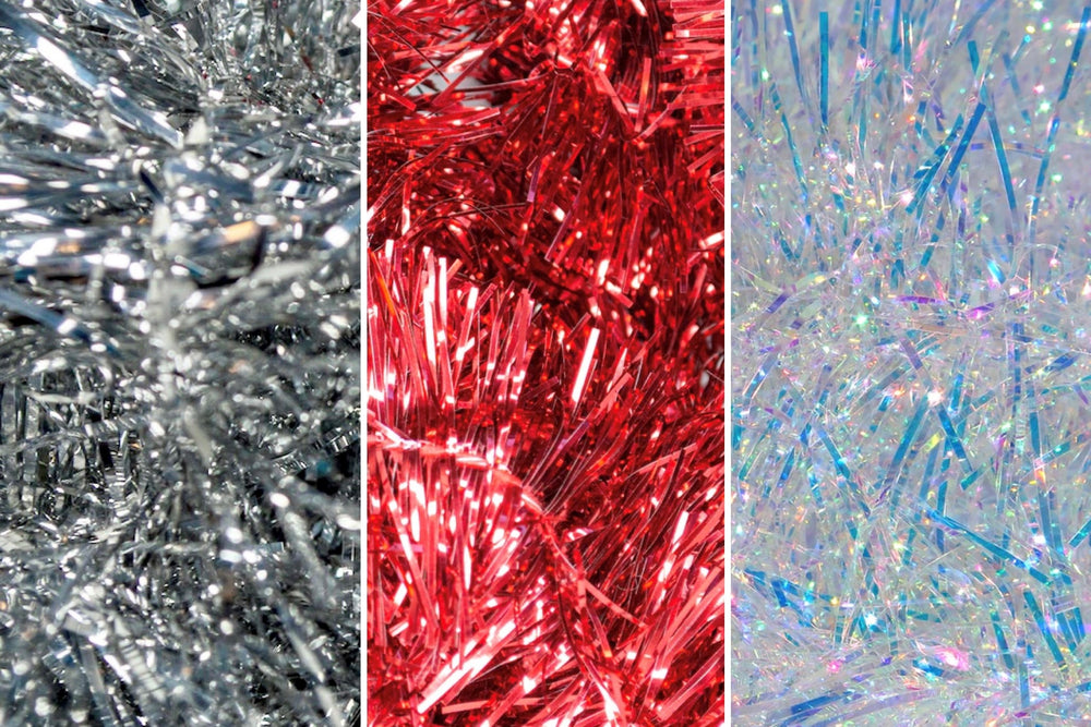 Close-up images of Silver, red and translucent Christmas tinsel rolled up as a Christmas decoration