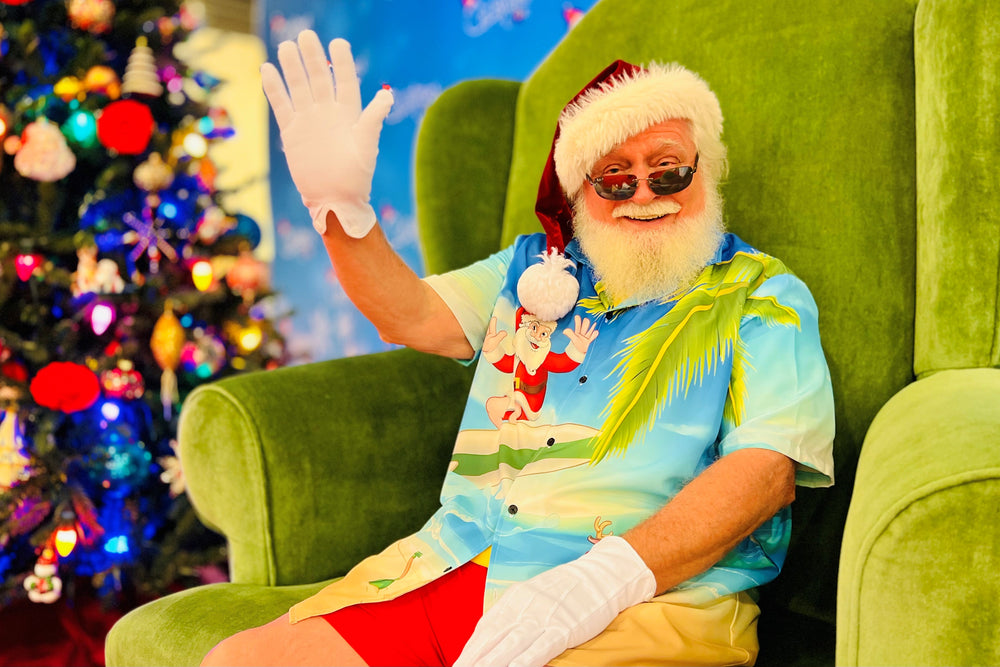Santa Claus in a Hawaiin shirt to celebrate Christmas In July
