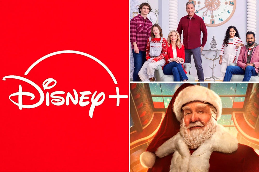 Disney Plus presents The Santa Clauses, a limited series for Christmas 2022 featuring Tim Allen and Kal Penn in a cast photo above an image of Allen as Santa