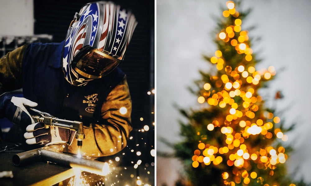 Left - A welder works on a metal frame, Right - A lit Christmas Tree - To highlight connection between Labor Day and Christmas