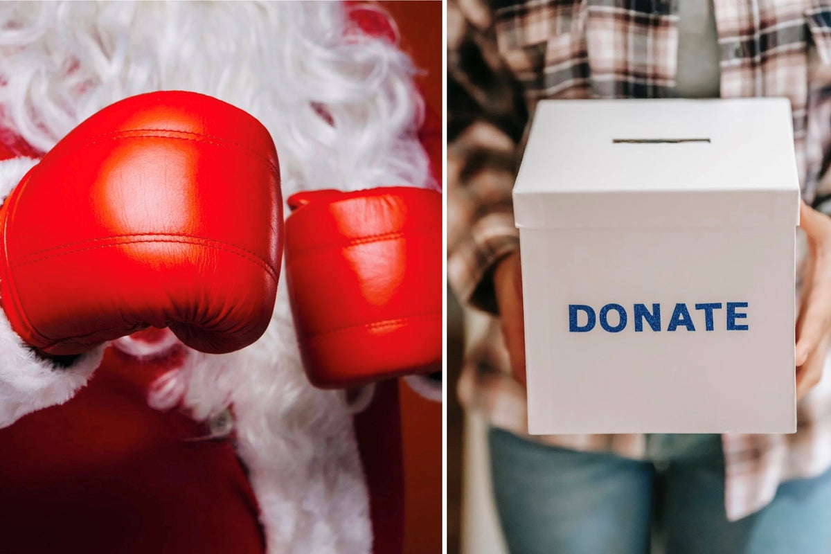 Split Screen Image - Close-Up of Santa wearing Boxing Gloves and a Donation Box to represent Boxing Day December 26